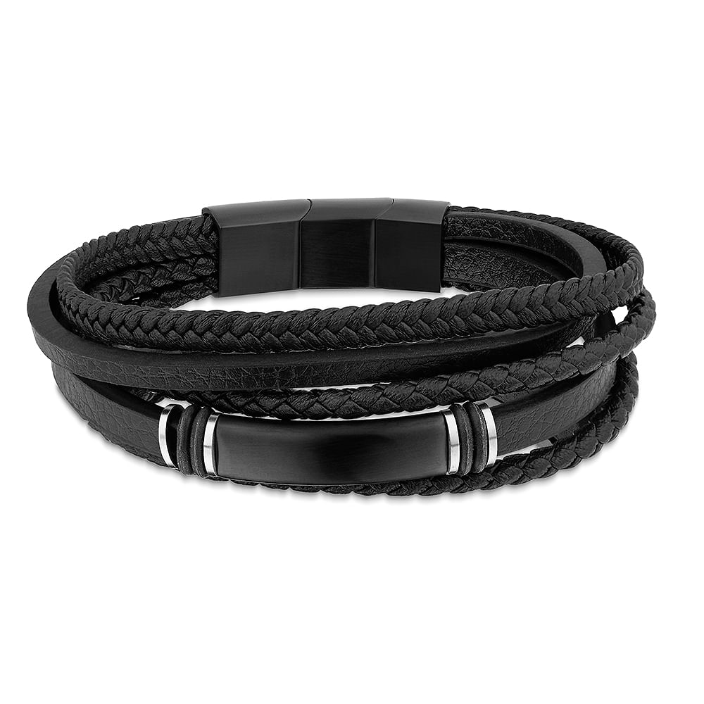 Pulseira Life em Couro Preto com Aço