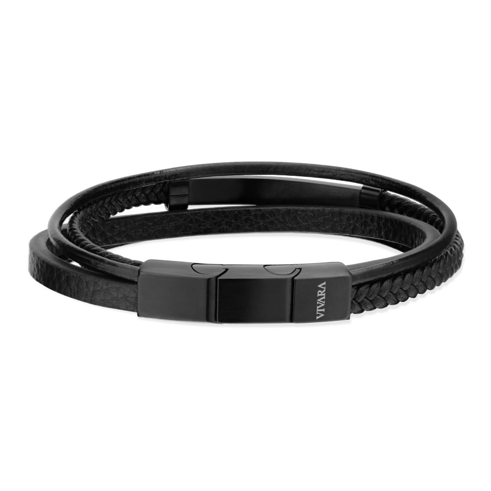 Pulseira Life em Couro Preto com Aço