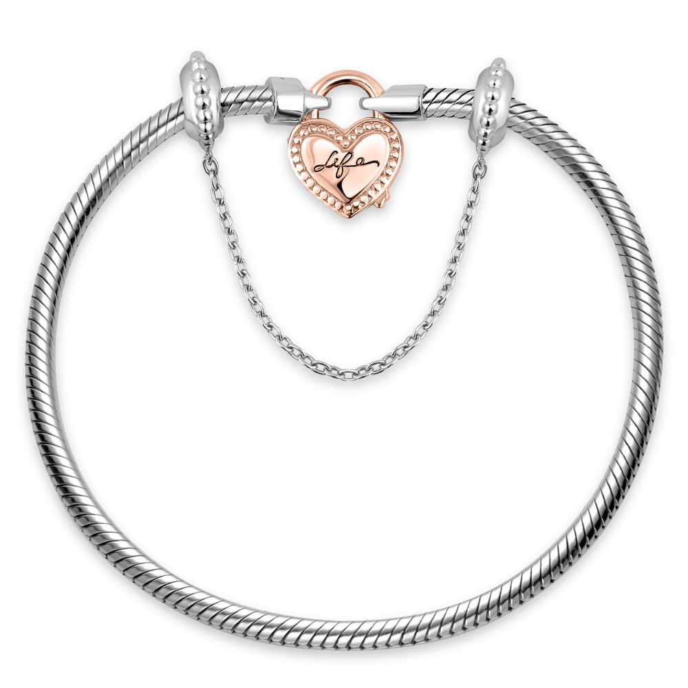 Pulseira Life Cadeado Coração em Prata 925 com Banho de Ouro Rosé 18k