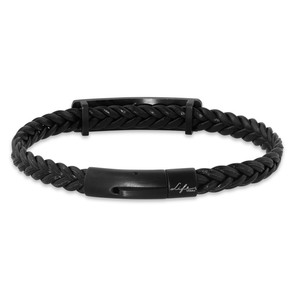 Pulseira Life Trançada em Couro Preto