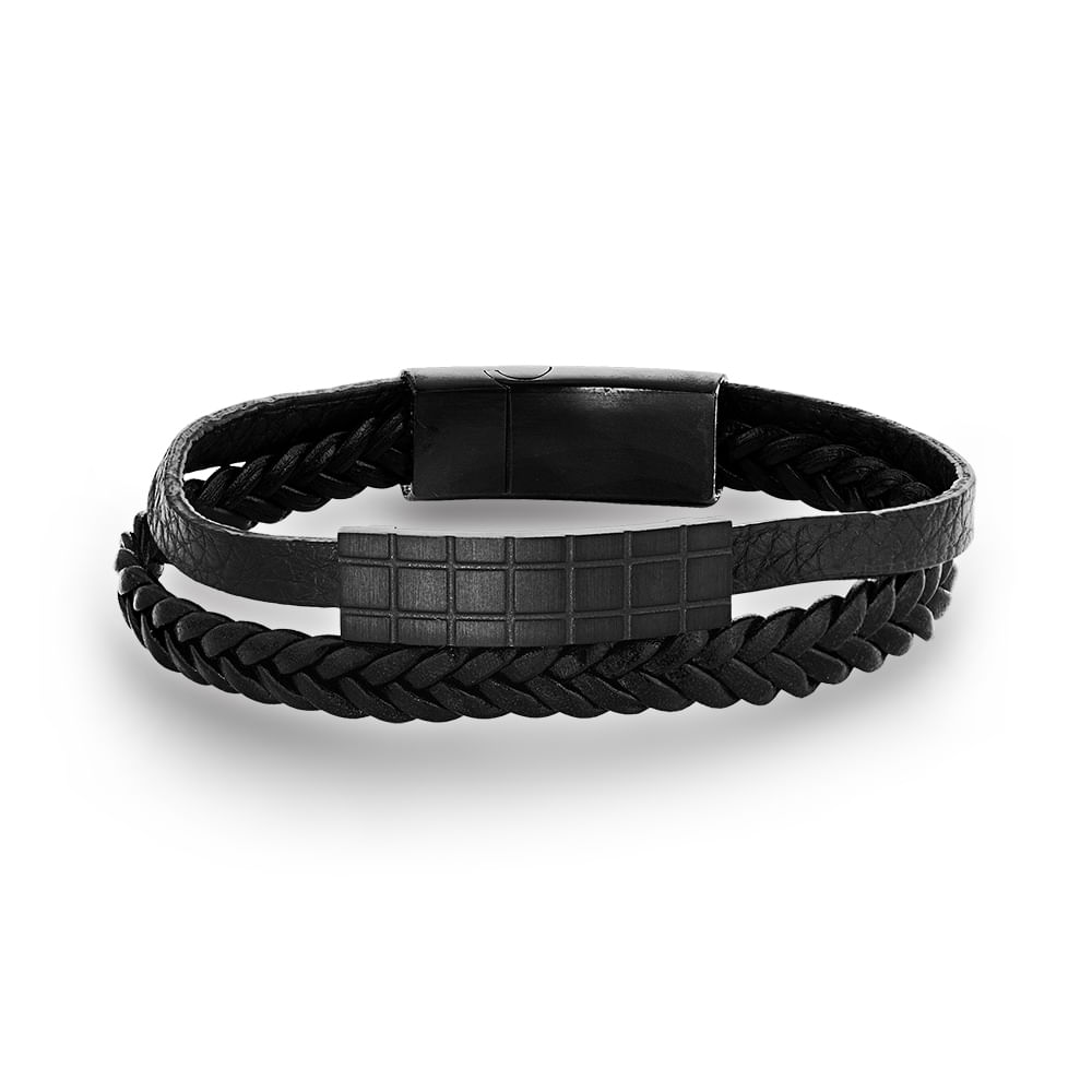 Pulseira Life Trançada em Couro Preto com Aço