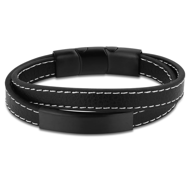 Pulseira Life em Aço e Couro Preto