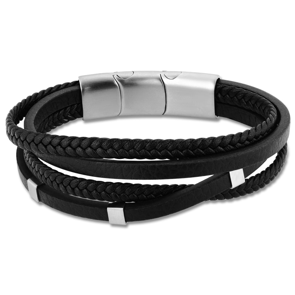 Pulseira Life em Couro Preto com Aço