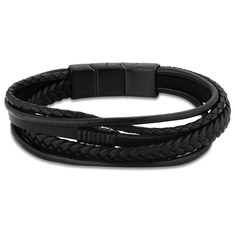 Pulseira Life em Couro Preto com Aço