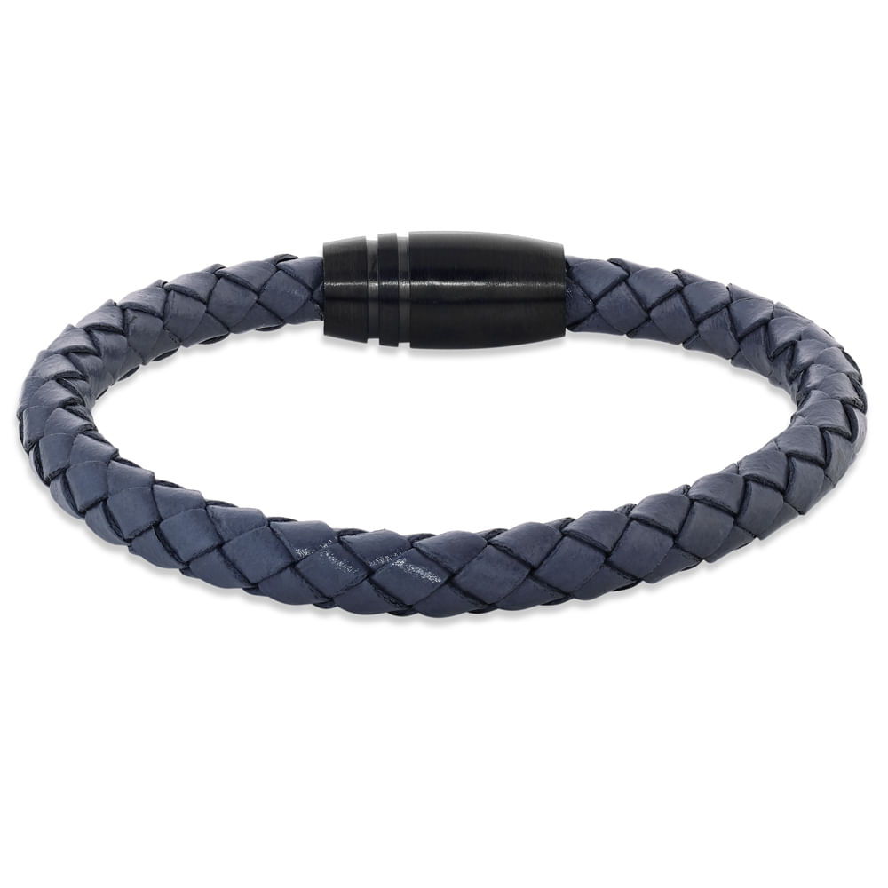 Pulseira Life em Couro Azul com Aço