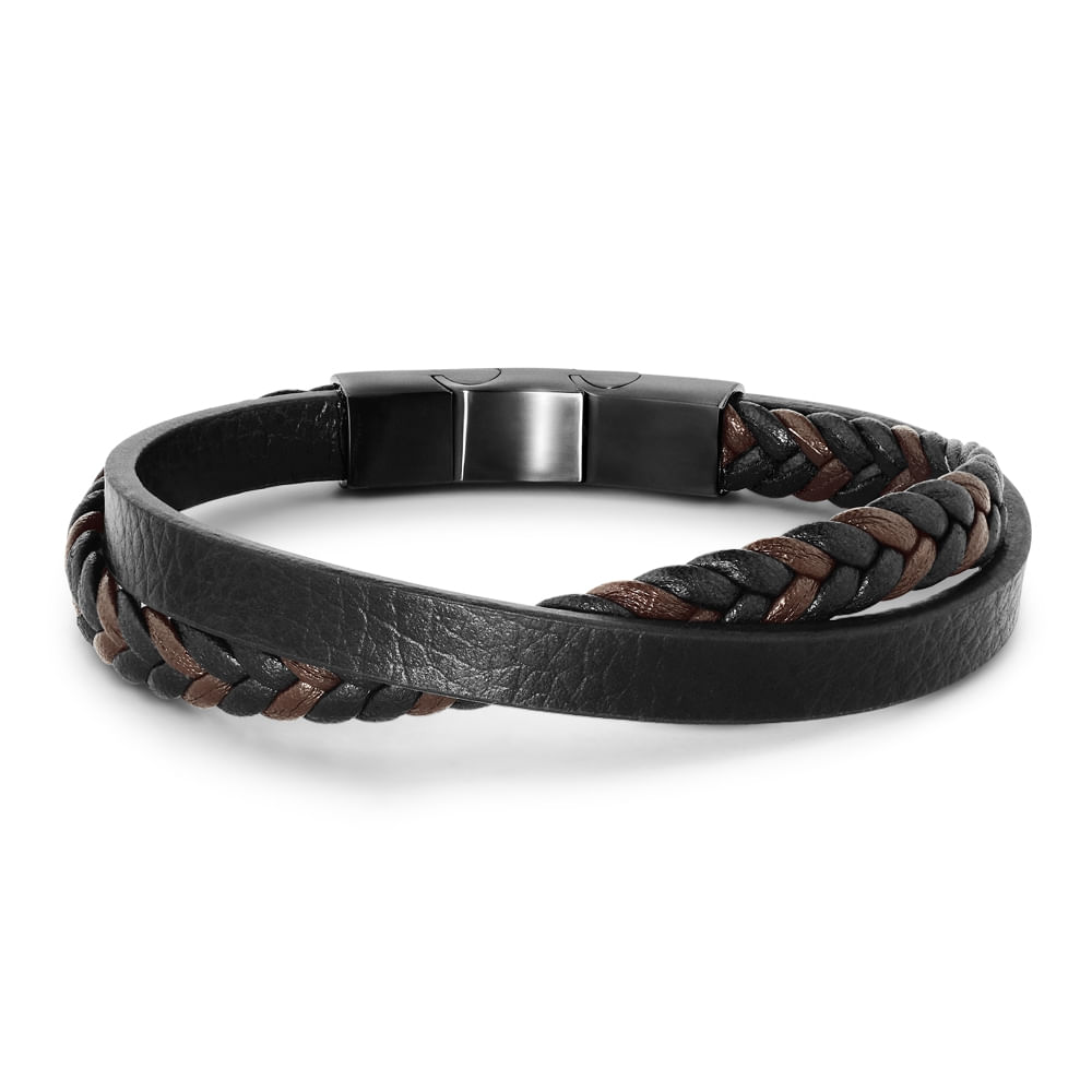 Pulseira Life em Couro Marrom e Preto com Aço