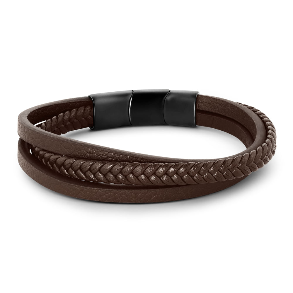 Pulseira Life Trançada em Couro Marrom com Aço