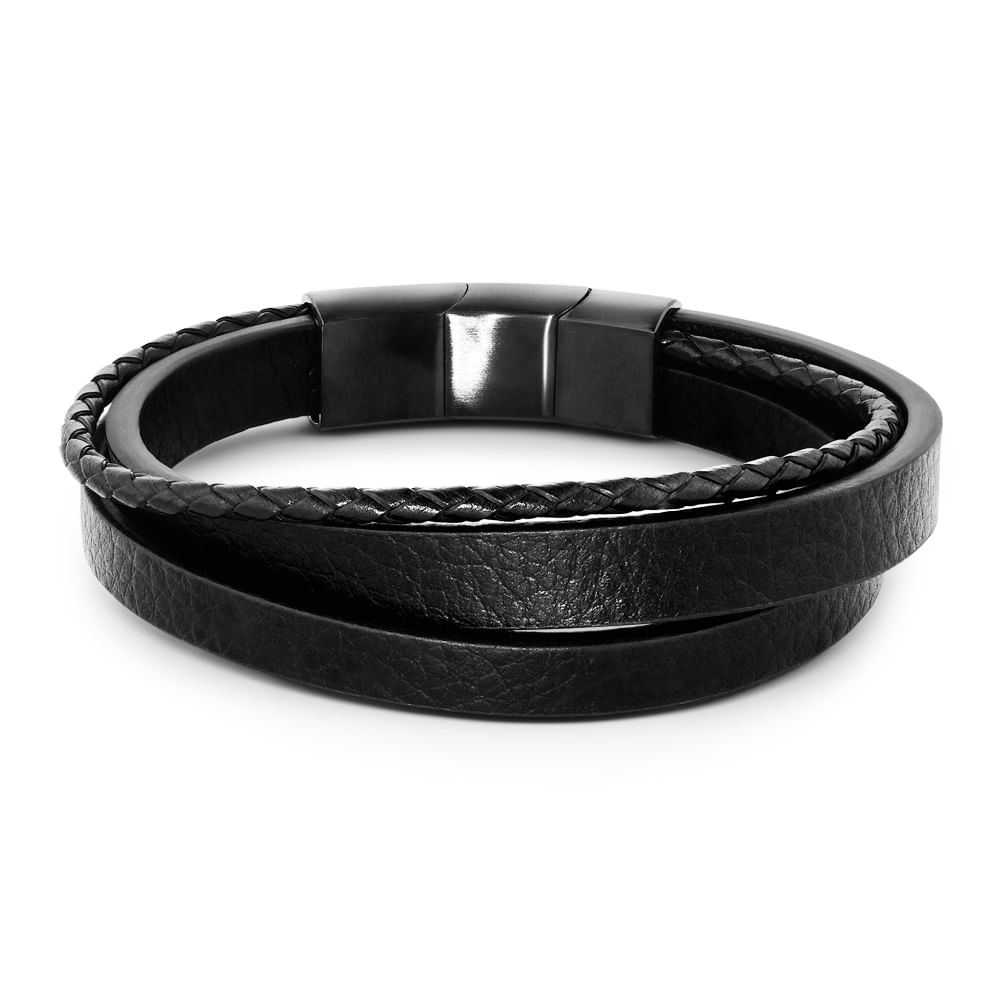 Pulseira Life em Couro Preto com Aço