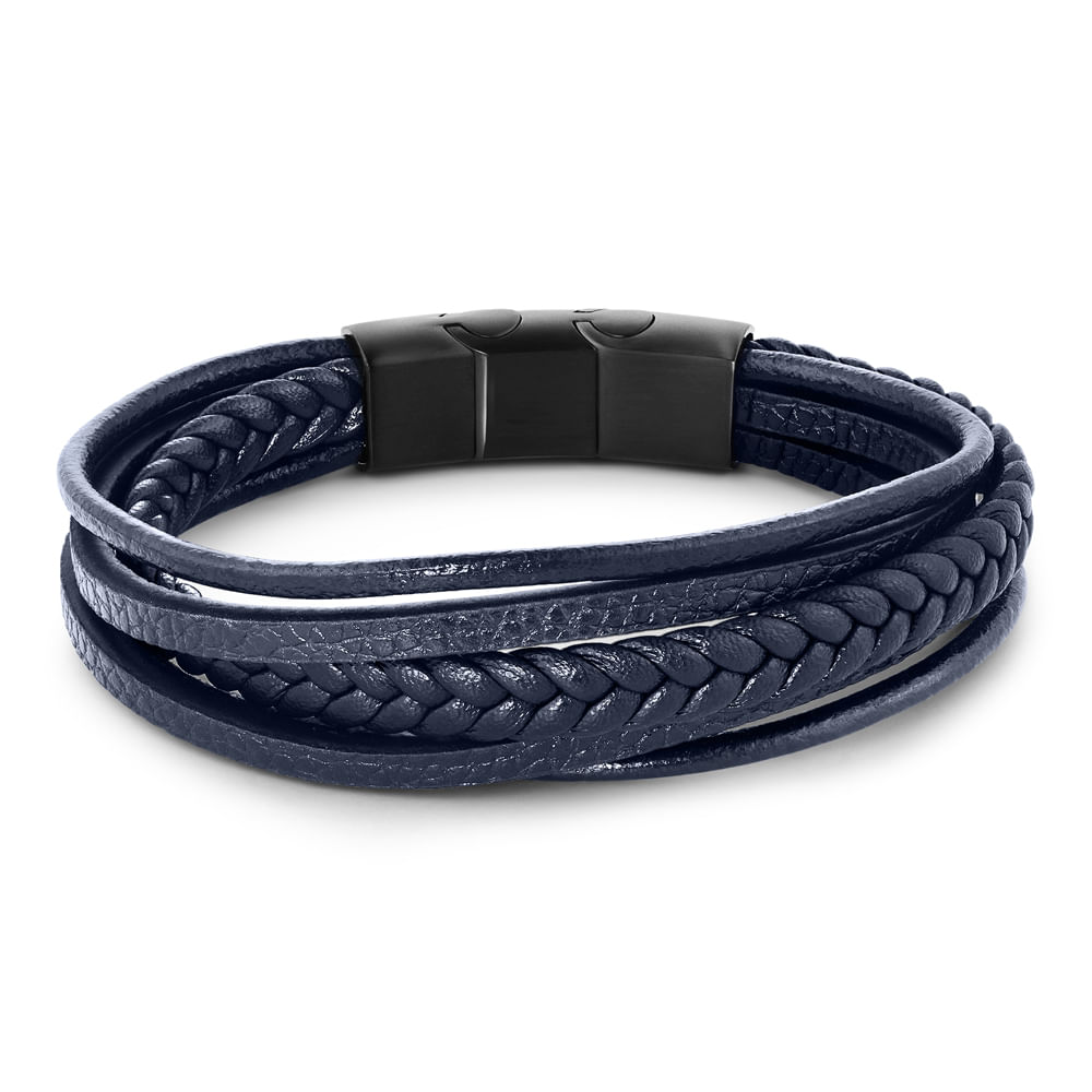 Pulseira Life Trançada em Couro Azul com Aço
