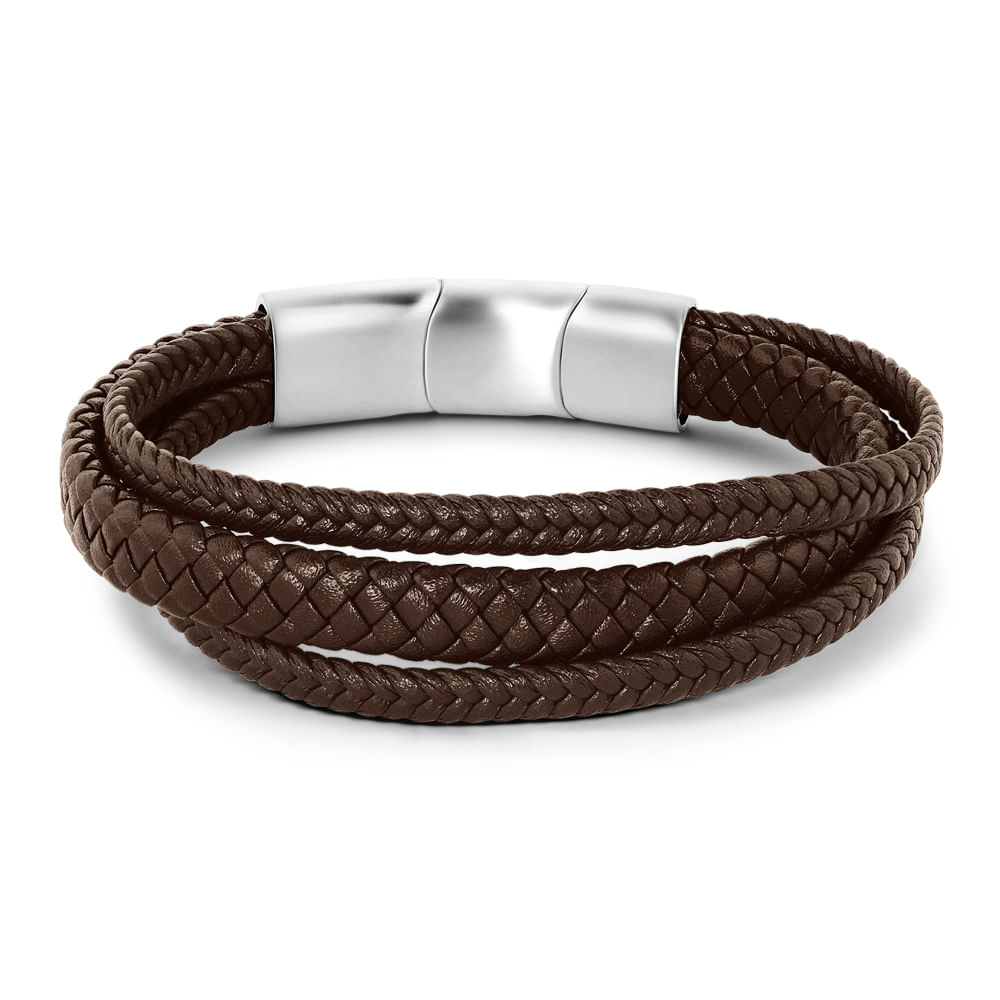 Pulseira Life Trançada em Couro Marrom e Preto com Aço