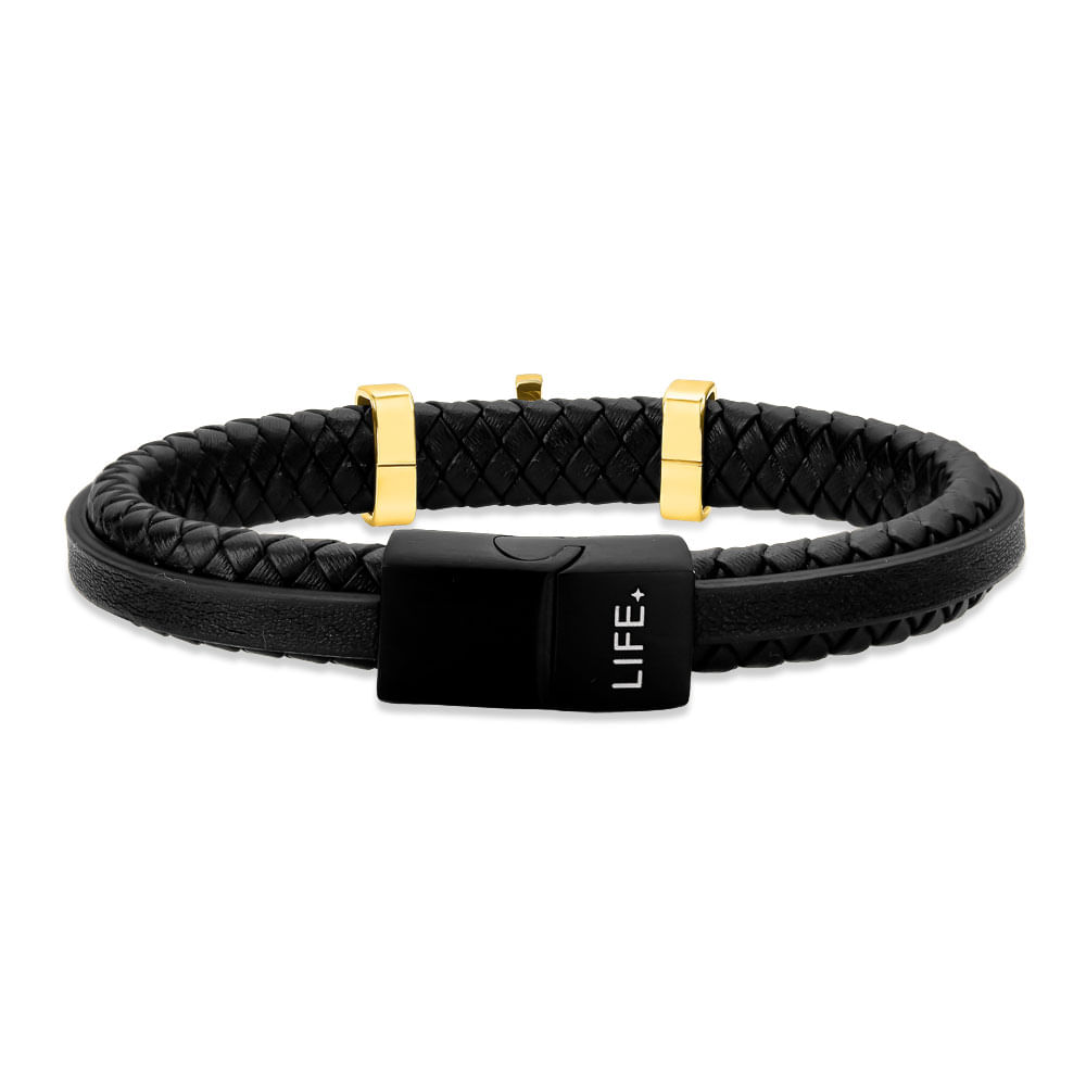 Pulseira Life Cruz em Couro Preto