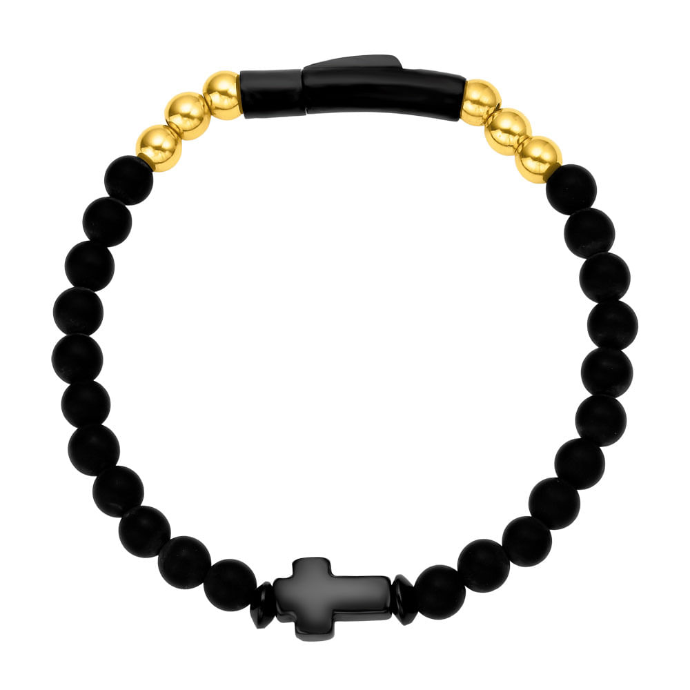 Pulseira Life Cruz com Ágata Preta em Aço