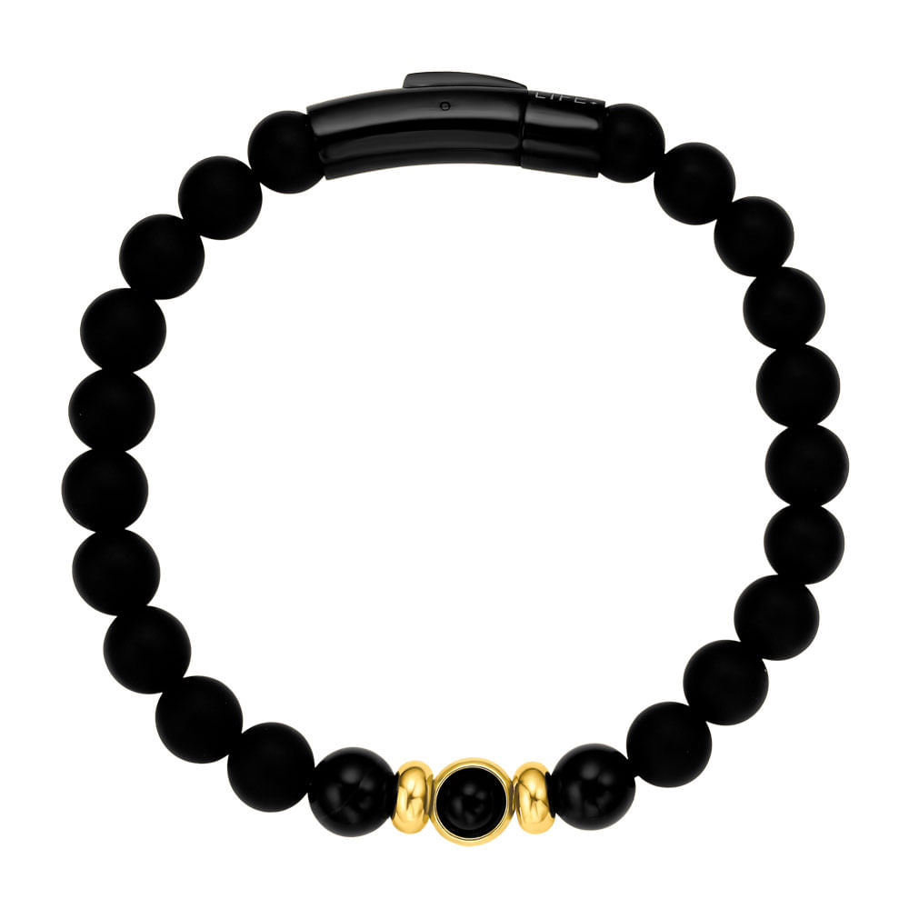 Pulseira Life com Ágata Preta e Aço Dourado
