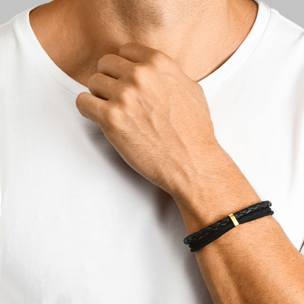 Pulseira Life Trançada em Couro Preto com Aço