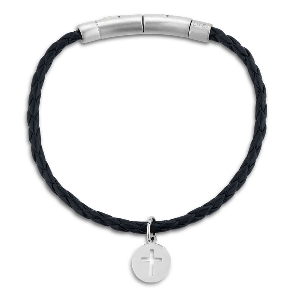 Pulseira Life Cruz em Couro Preto com Aço