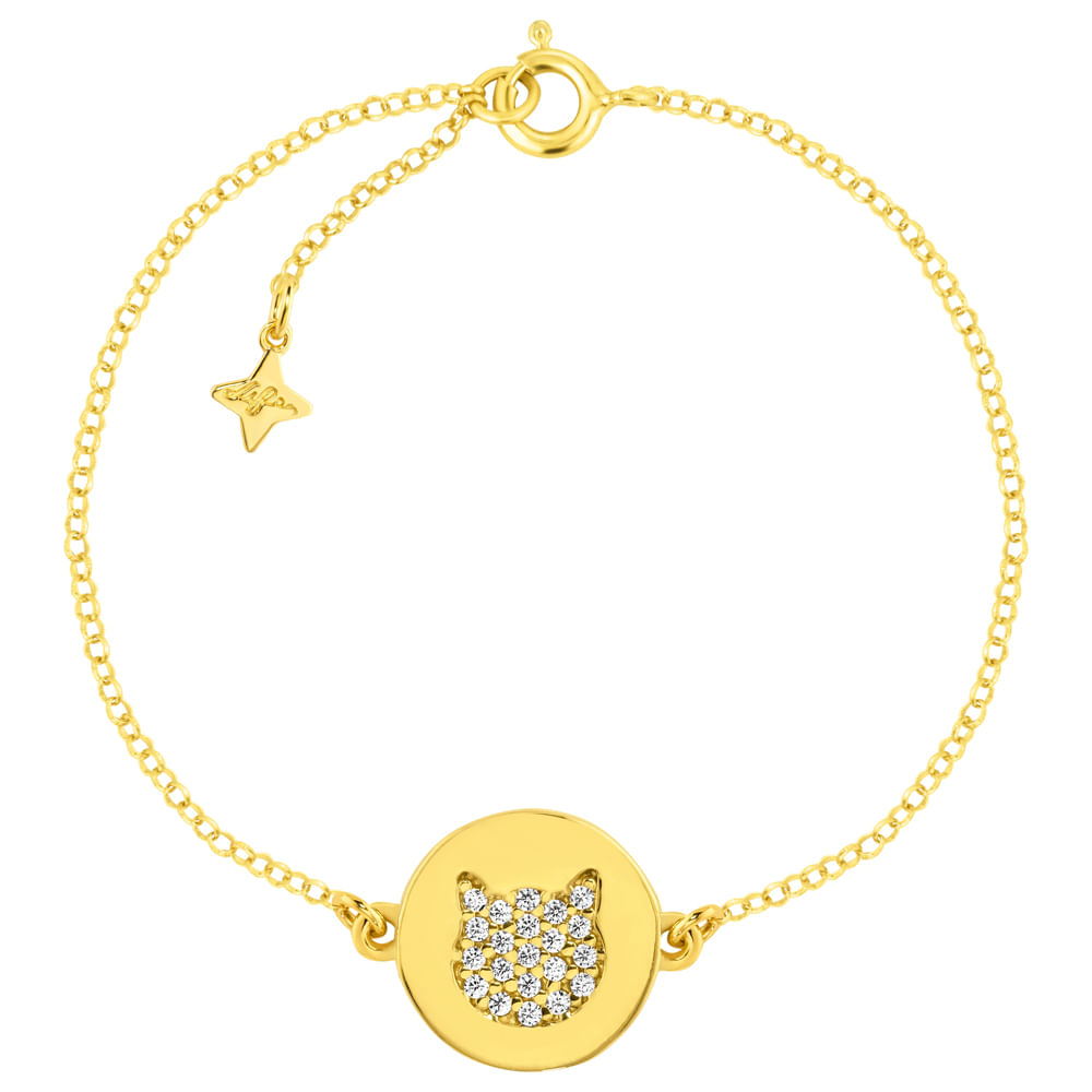 Pulseira Life Animal II Gatinho em Prata 925 com Banho de Ouro Amarelo 18k e Pedras Incolores