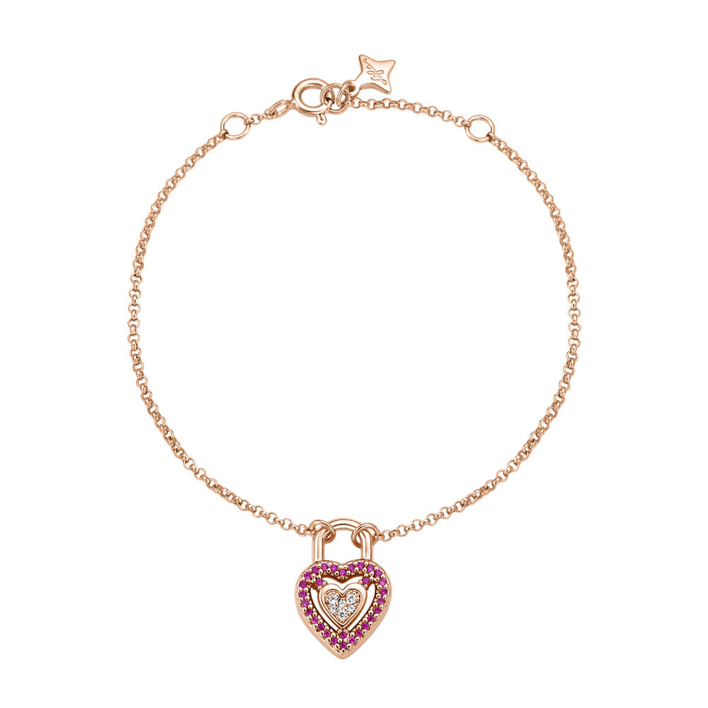 Pulseira Life Love Locker Coração em Liga Rosé com Banho de Ouro Rosé 18k, Pedras Rosas e Incolores