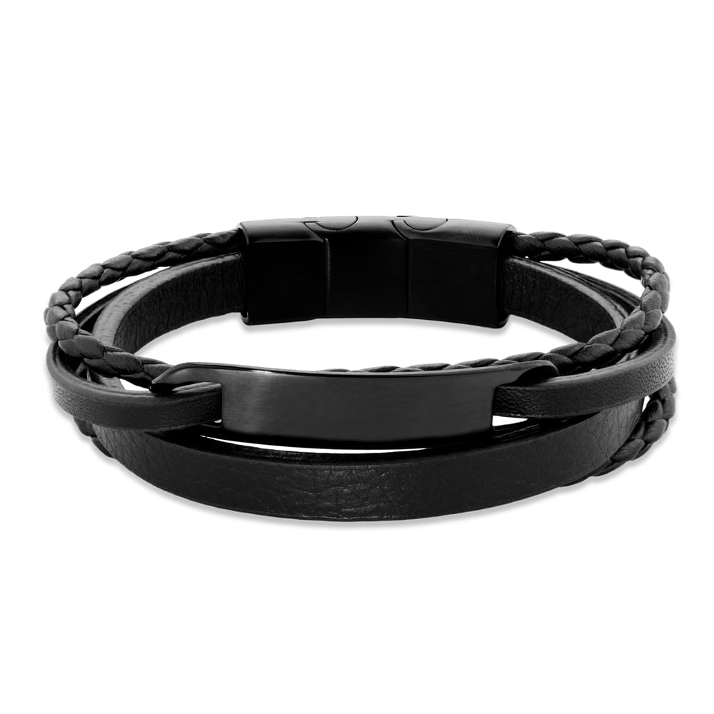 Pulseira Life Trançada em Couro Preto com Aço