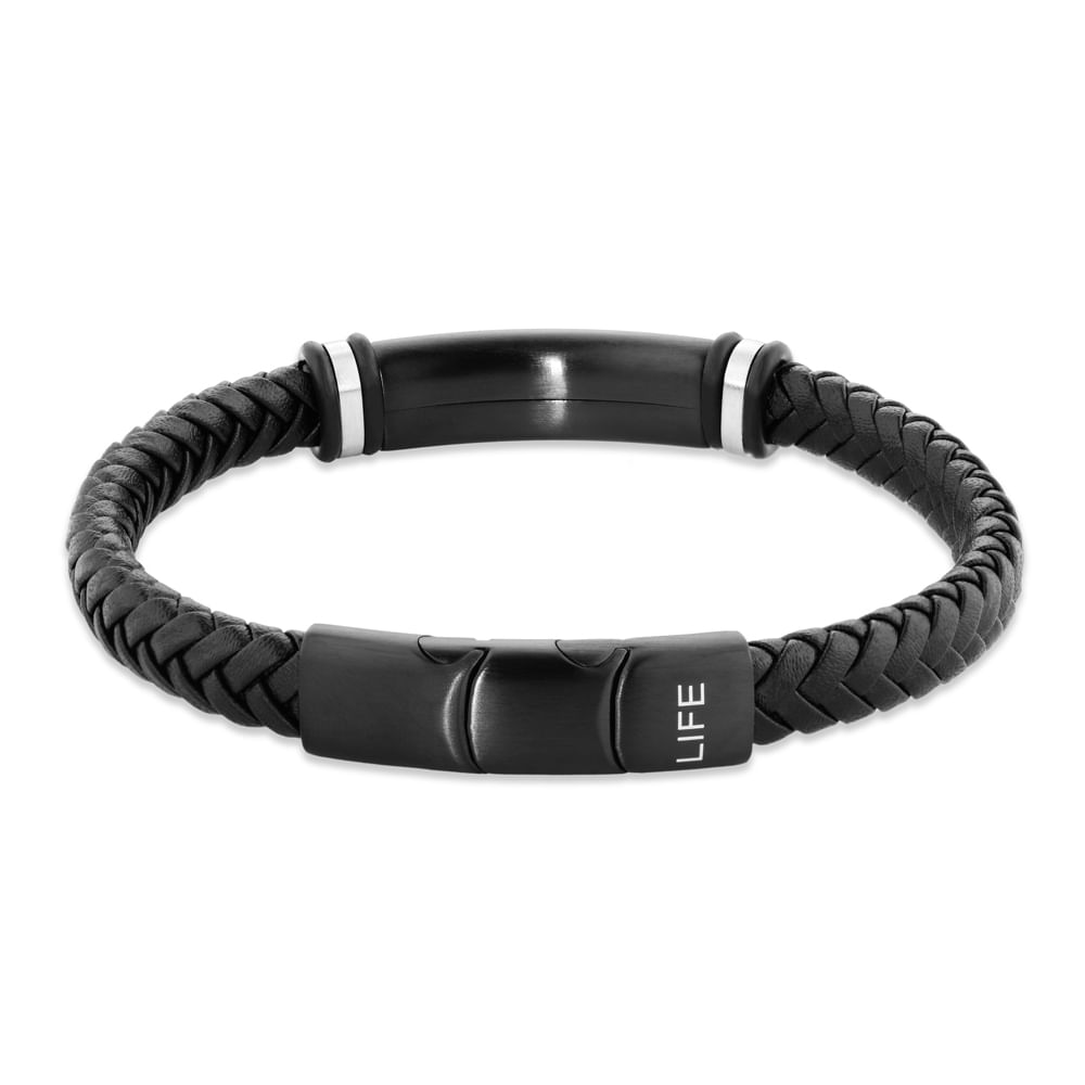 Pulseira Life Trançada em Couro Preto com Aço