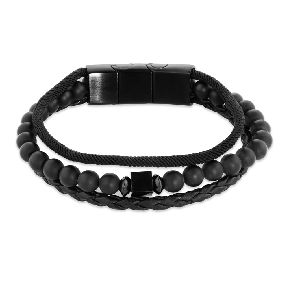 Pulseira Life Trançada com Ágata Preta e Aço