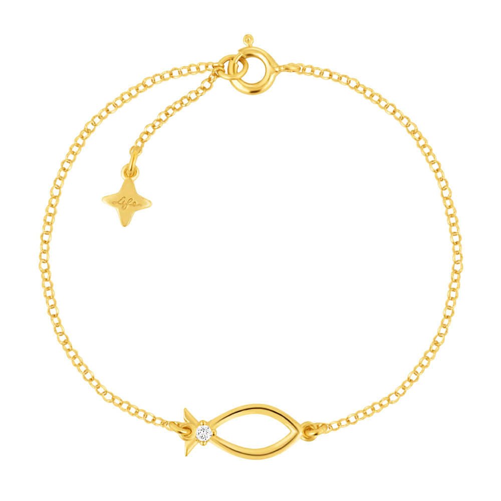 Pulseira Life Religião ll Peixe Cristão em Prata 925 com Banho de Ouro Amarelo 18k e Pedras Incolores