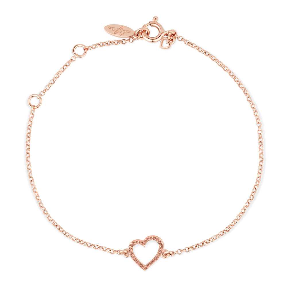 Pulseira Life Love II Coração em Liga Rosé com Banho de Rosé 18k e Pedras Pink