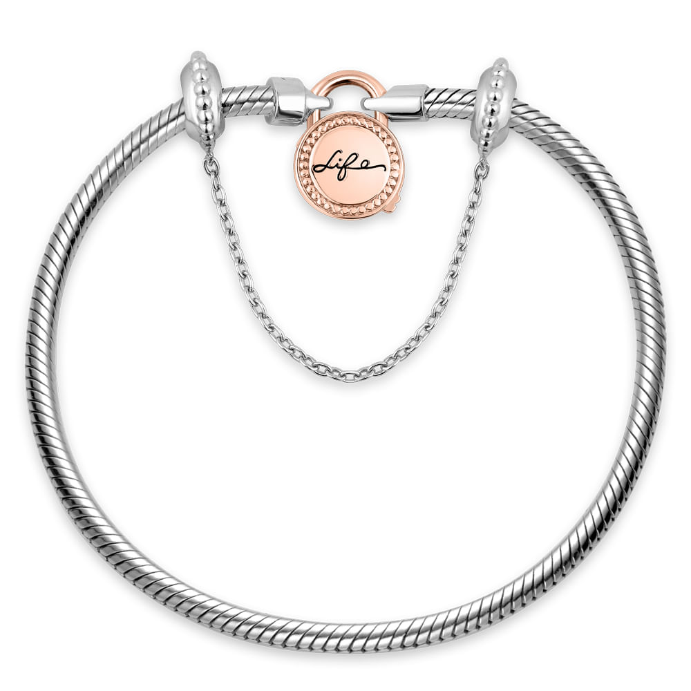Pulseira Life Cadeado Redondo em Prata 925 com Liga Rosé e Banho de Ouro Rosé 18k