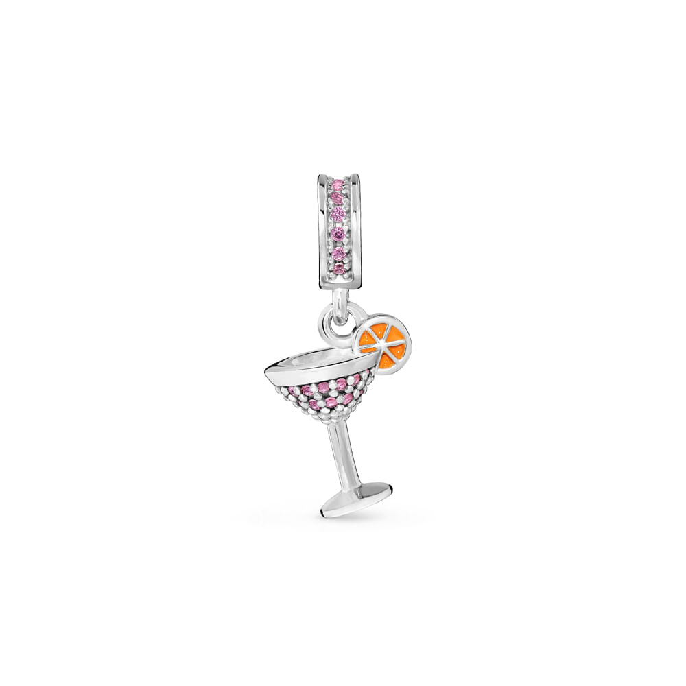 Pingente Life Drinks Cosmopolitan em Prata 925 com Pedras Rosas