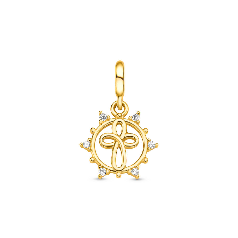 Pingente Life Fé Cruz em Prata 925 com Banho de Ouro Amarelo 18k com Pedras Incolores