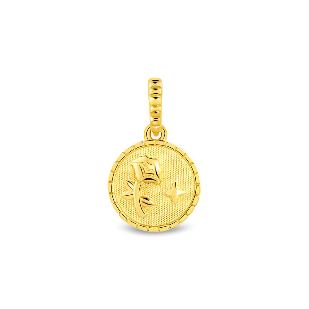 Pingente Life Princesas Medalha Rosa Bela em Prata 925 com Banho de Ouro Amarelo 18k
