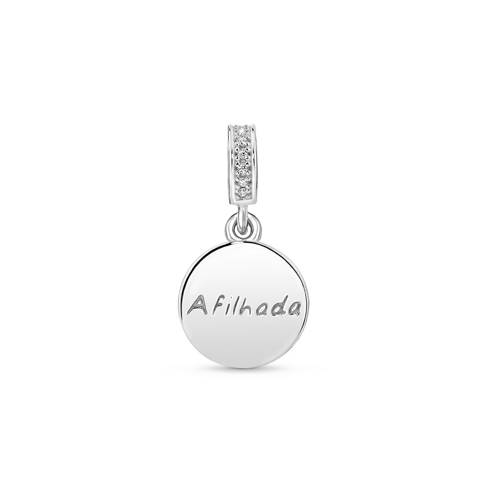 Pingente Life Mama Medalha Afilhada em Prata 925 com Pedras Incolores
