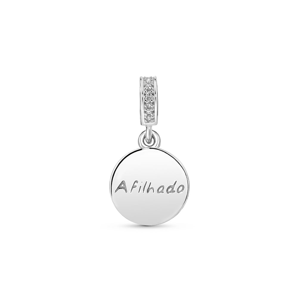 Pingente Life Mama Medalha Afilhado em Prata 925 com Pedras Incolores