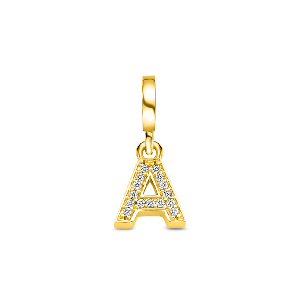 Pingente Life Letra A em Prata 925 com Banho de Ouro Amarelo 18k e Pedras Incolores
