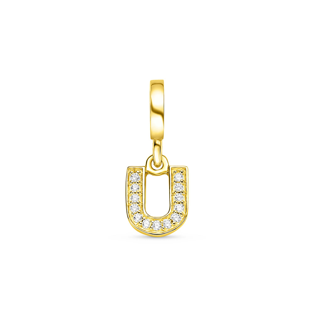 Pingente Life Letra U em Prata 925 com Banho de Ouro Amarelo 18k e Pedras Incolores
