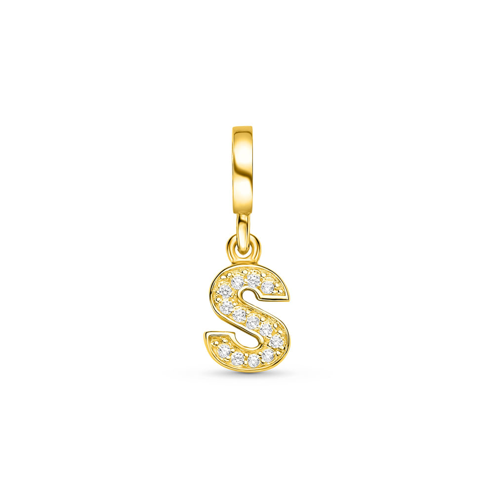Pingente Life Letra S em Prata 925 com Banho de Ouro Amarelo 18k e Pedras Incolores