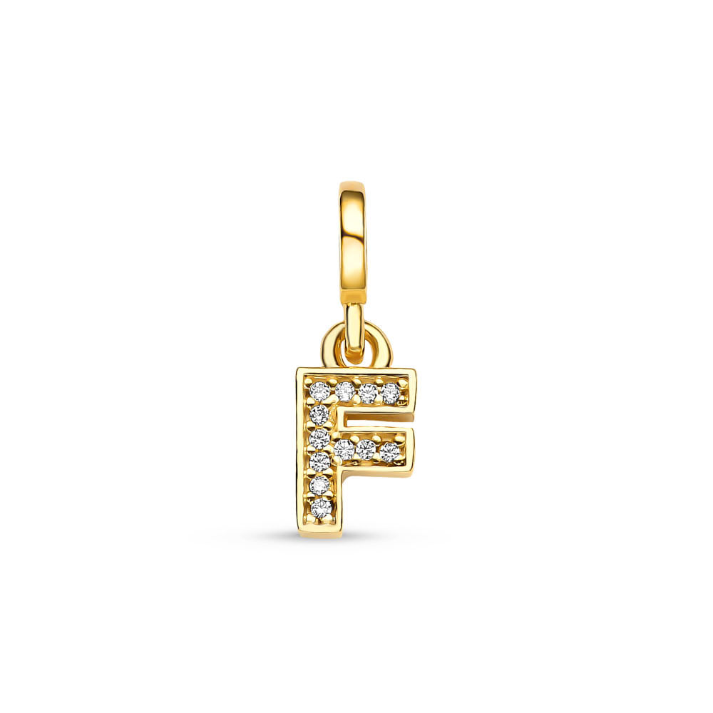 Pingente Life Letra F em Prata 925 com Banho de Ouro Amarelo 18k e Pedras Incolores