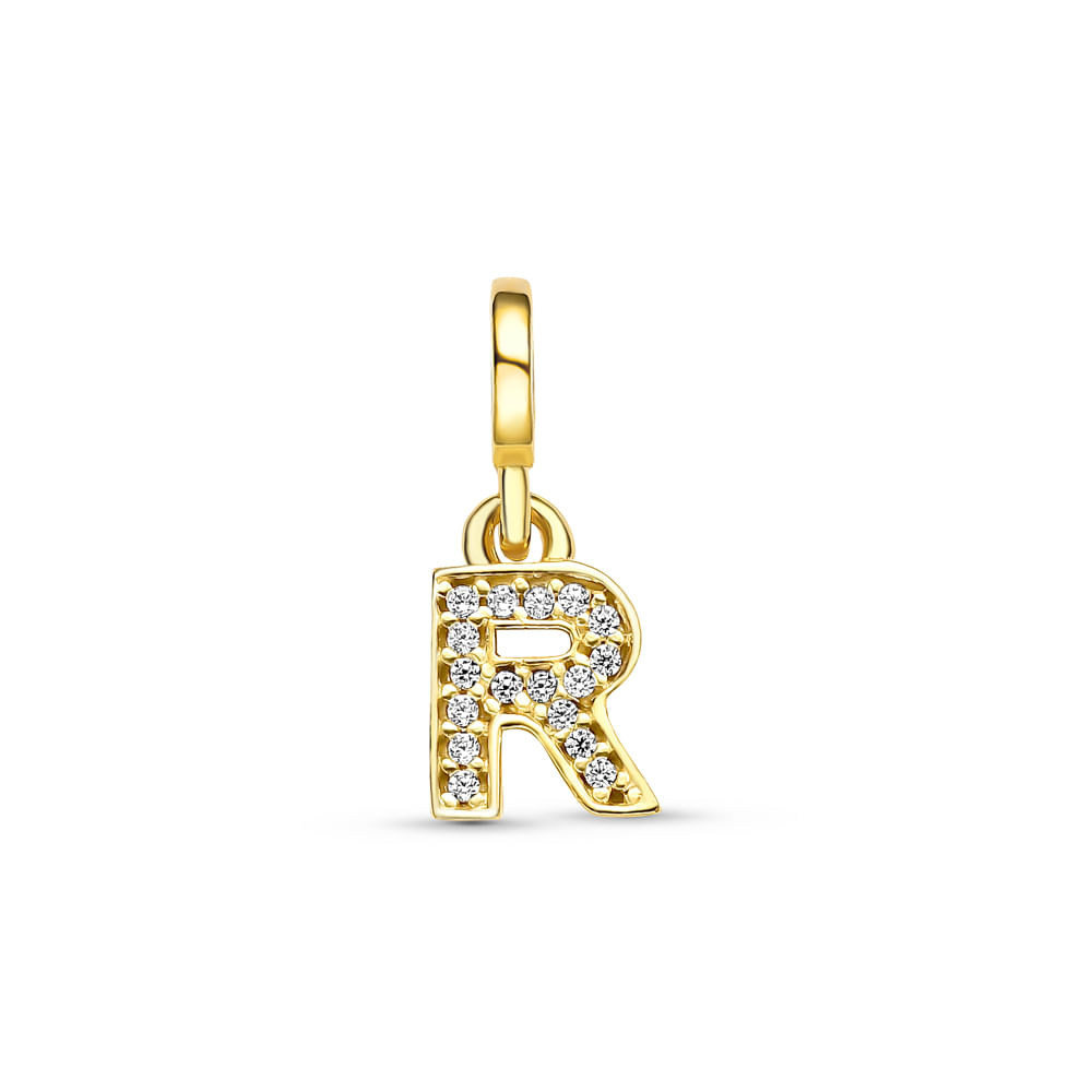 Pingente Life Letra R em Prata 925 com Banho de Ouro Amarelo 18k e Pedras Incolores