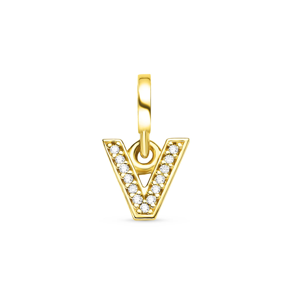 Pingente Life Letra V em Prata 925 com Banho de Ouro Amarelo 18k e Pedras Incolores