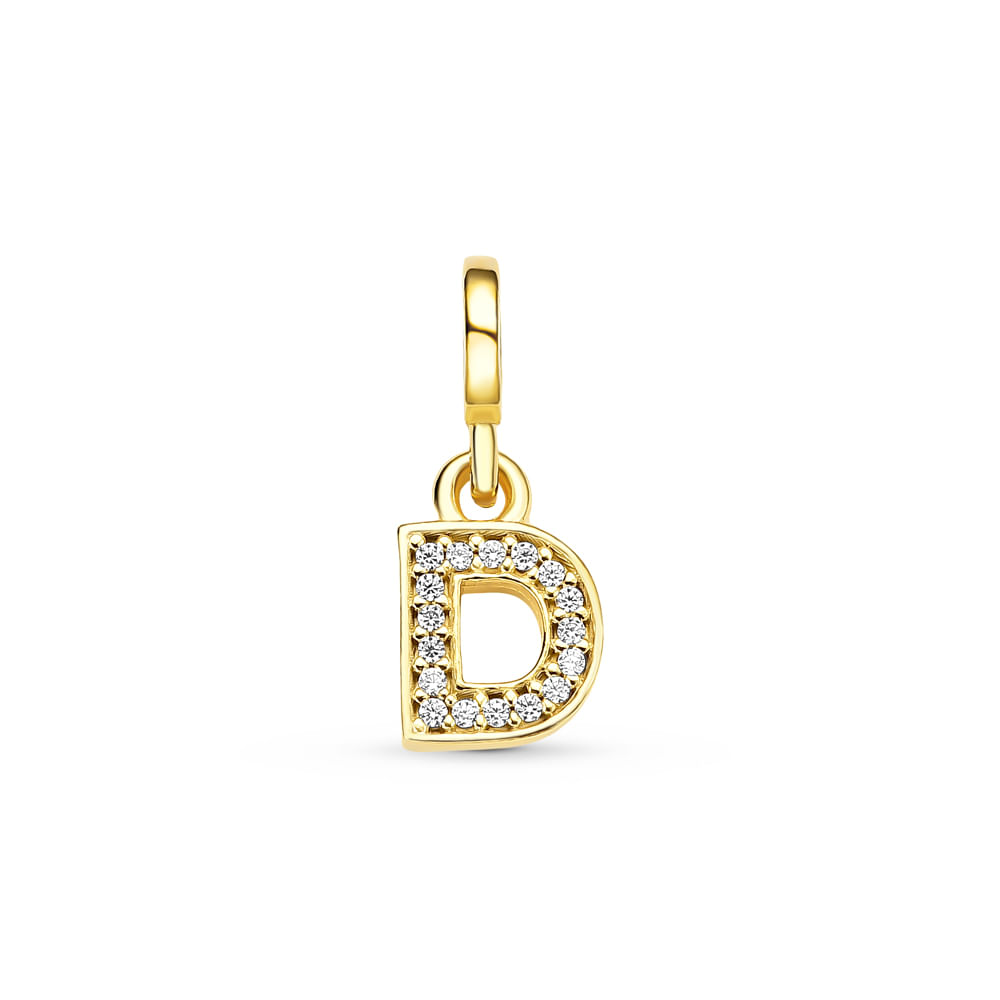 Pingente Life Letra D em Prata 925 com Banho de Ouro Amarelo 18k e Pedras Incolores