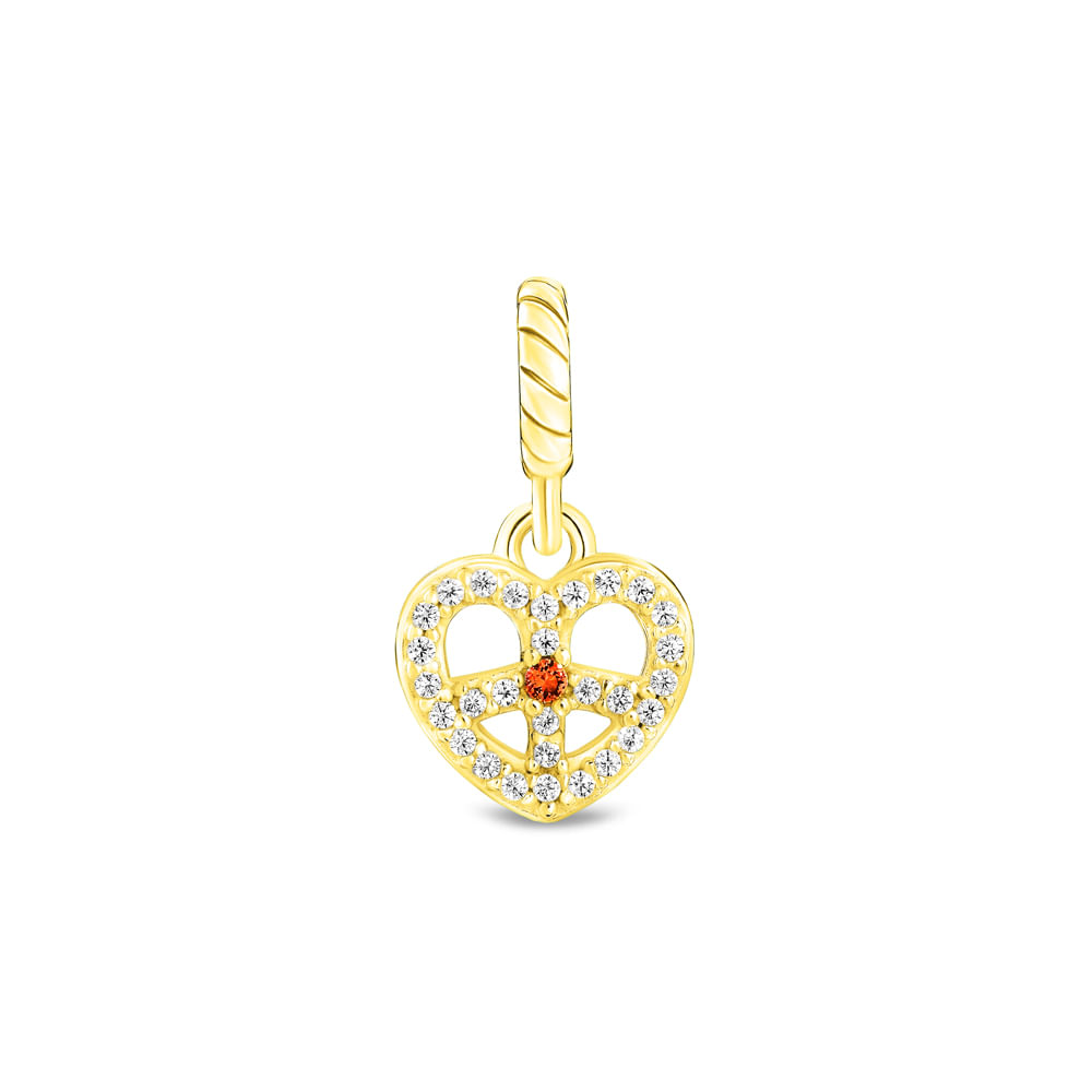 Pingente Life Patuás III Coração Paz e Amor em Prata 925 com Banho de Ouro Amarelo 18k, Pedras Incolores e Vermelha