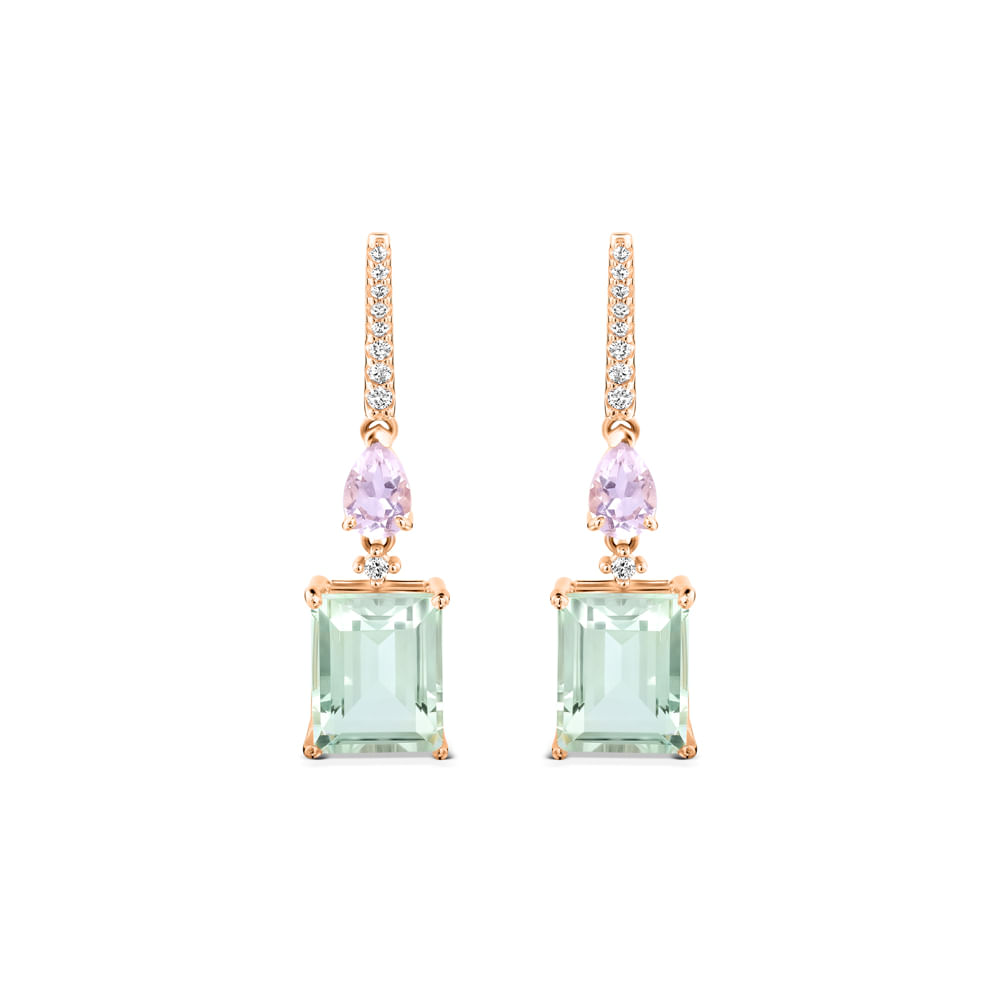 Brinco Reali em Ouro Rosé 18k com Prasiolita, Quartzo Rosa e Diamantes