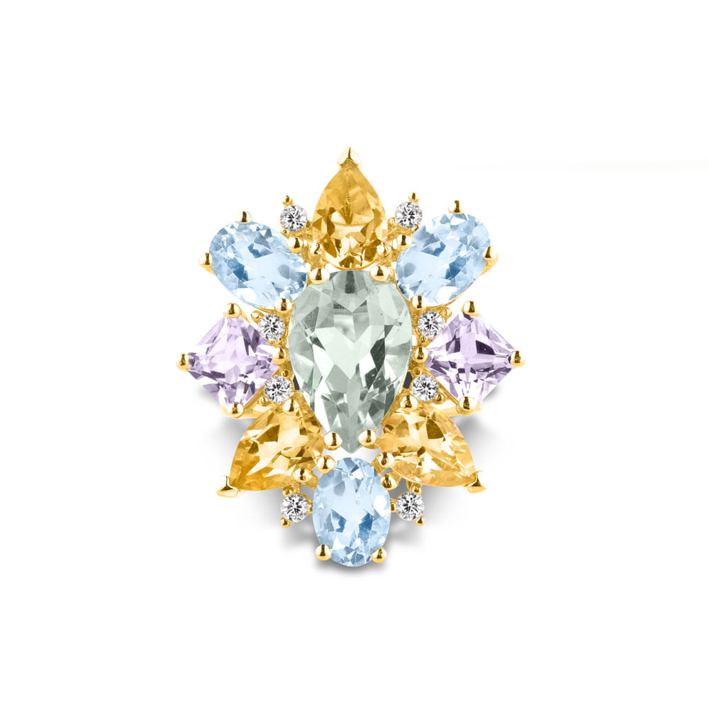 Anel Florence em Ouro Amarelo 18k com Topázios Sky, Prasiolitas, Ametistas Roxas, Citrinos e Diamantes