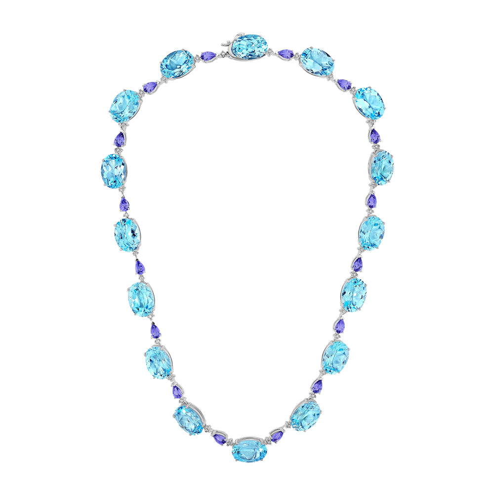 Colar Reali em Ouro Branco 18k com Topázio Sky, Tanzanita e Diamantes, 41cm