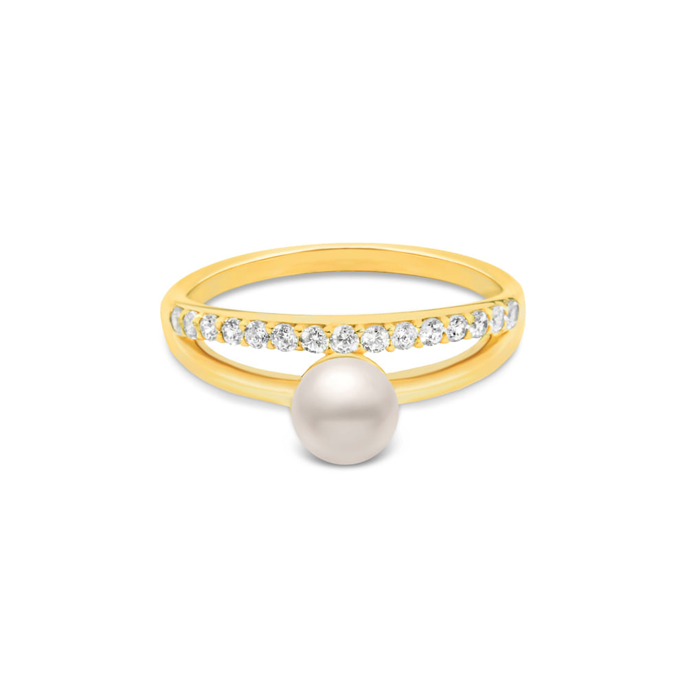 Anel Life Pérola em Prata 925 com Banho de Ouro Amarelo 18k e Pedras Incolores