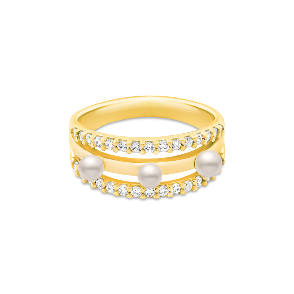 Anel Life Pérola em Prata 925 com Banho de Ouro Amarelo 18k e Pedras Incolores