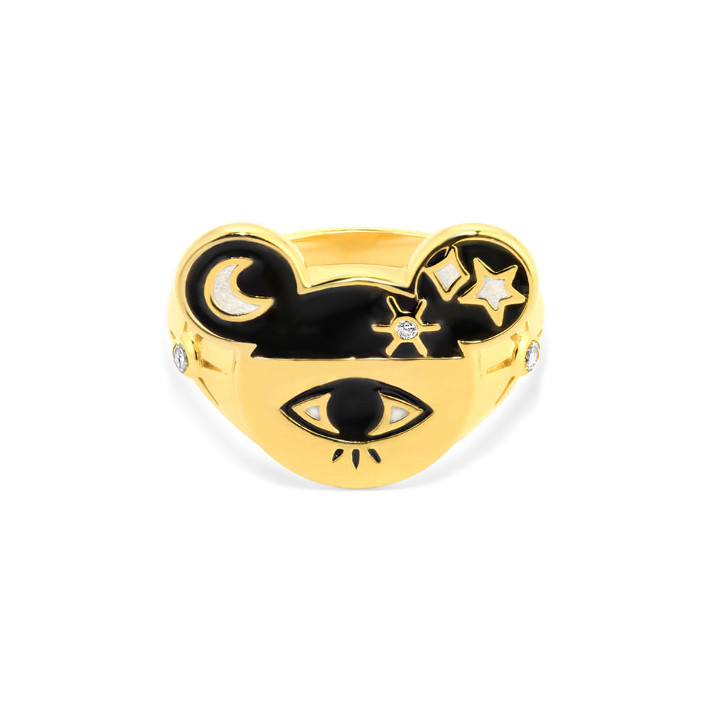 Anel Life Disney e Ana Strumpf Olho Mickey em Prata 925 com Banho de Ouro Amarelo 18k, Pedras Incolores e Esmalte