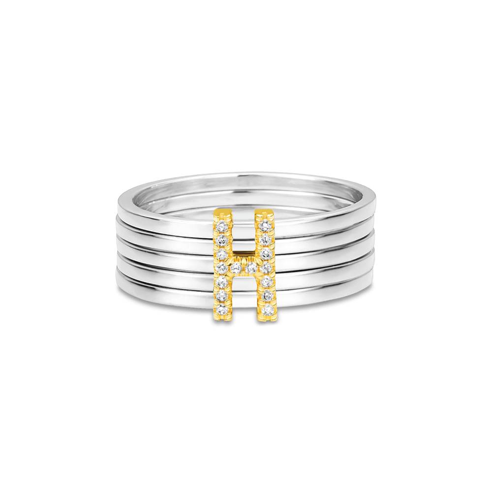Anel Letra H em Prata 925 com Ouro Amarelo 18k e Diamantes