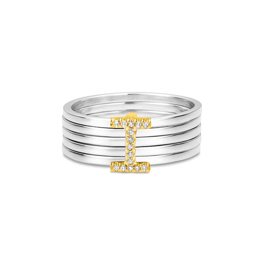 Anel Letra I em Prata 925 com Ouro Amarelo 18k e Diamantes