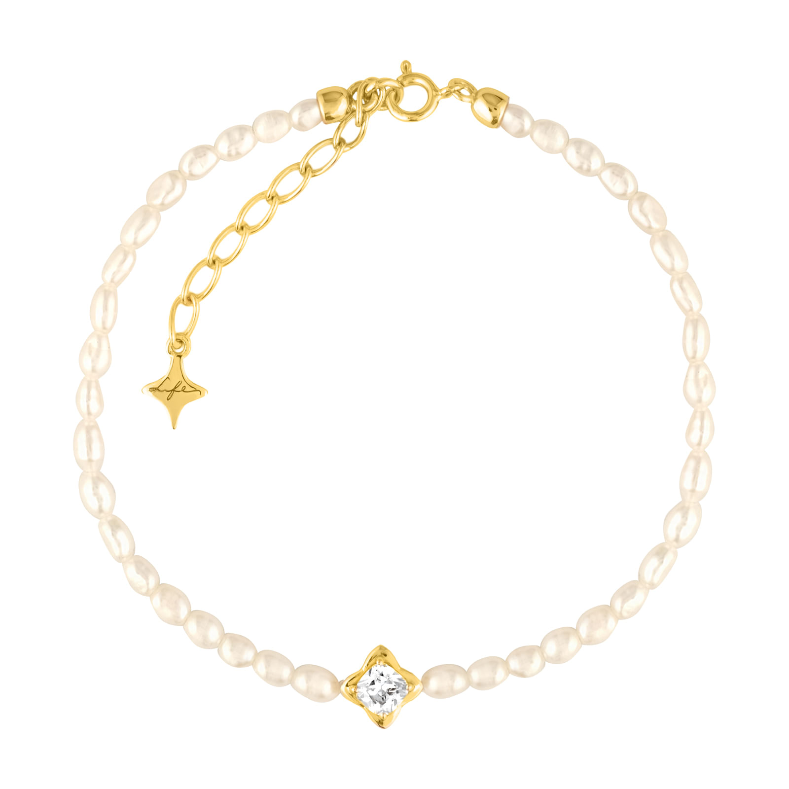 Pulseira Life em Prata 925 com Banho de Ouro Amarelo 18k, Pérolas e Pedra Incolor