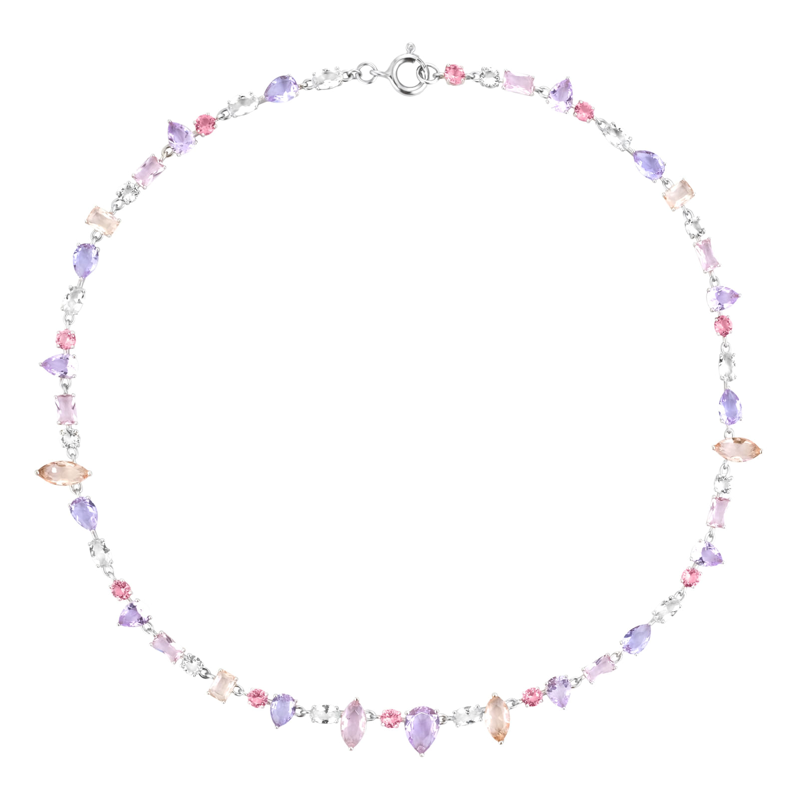 Colar Life Colors II em Prata 925 com Cristais Rosas e Roxos, 40cm